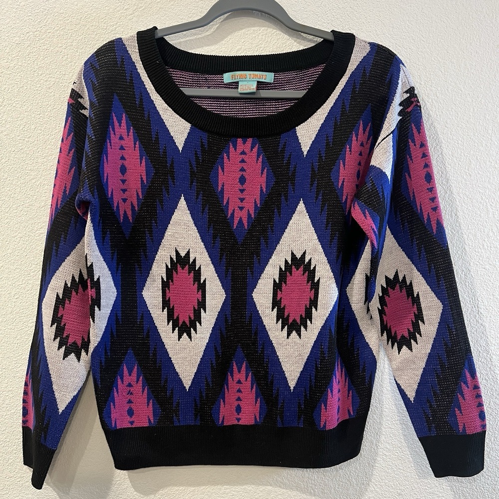 Flying Tomato Southwestern Knit‎ Pullover Sweater  Size Small Pink Blue Vibrant